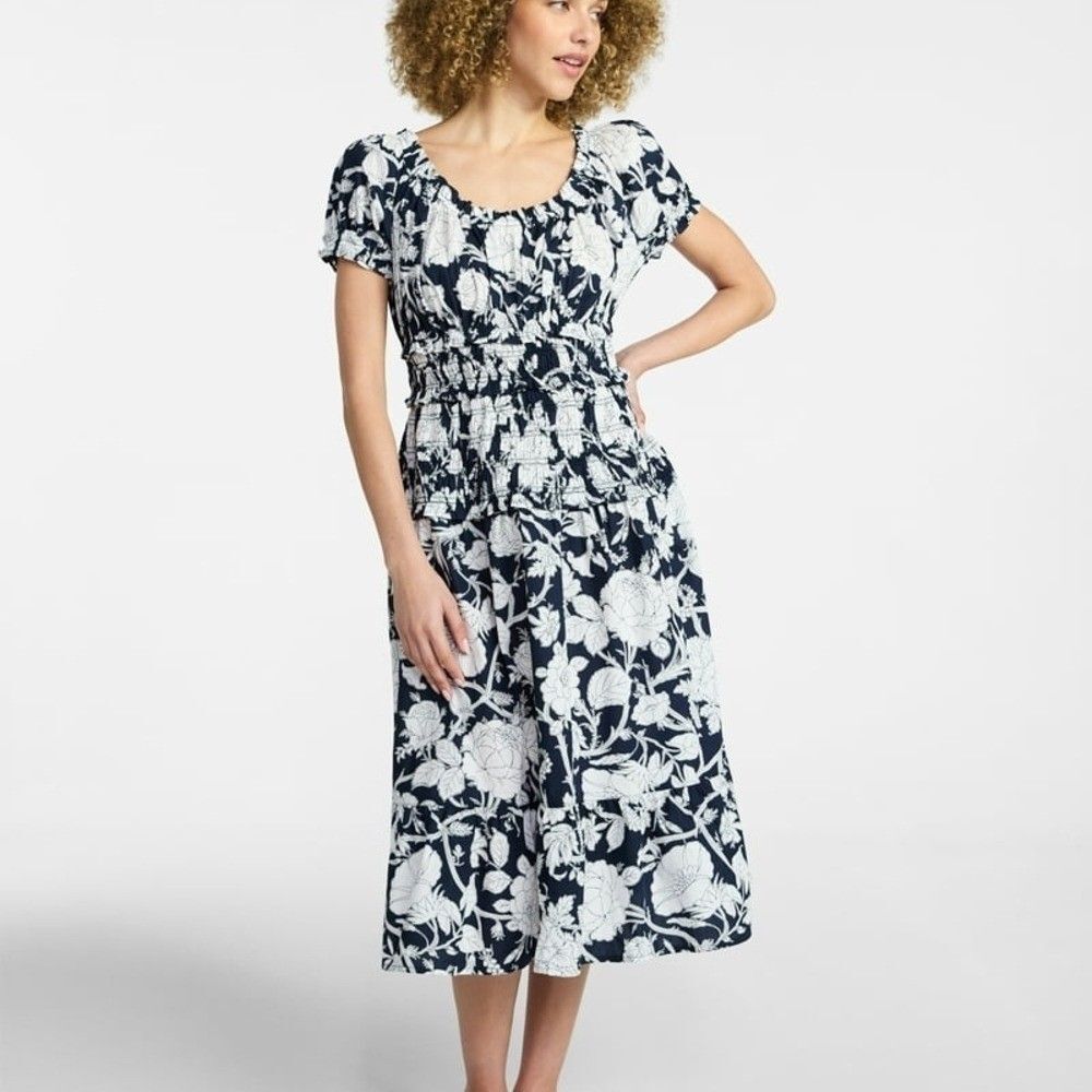 Smocked Waist Navy and White Floral Midi Dress